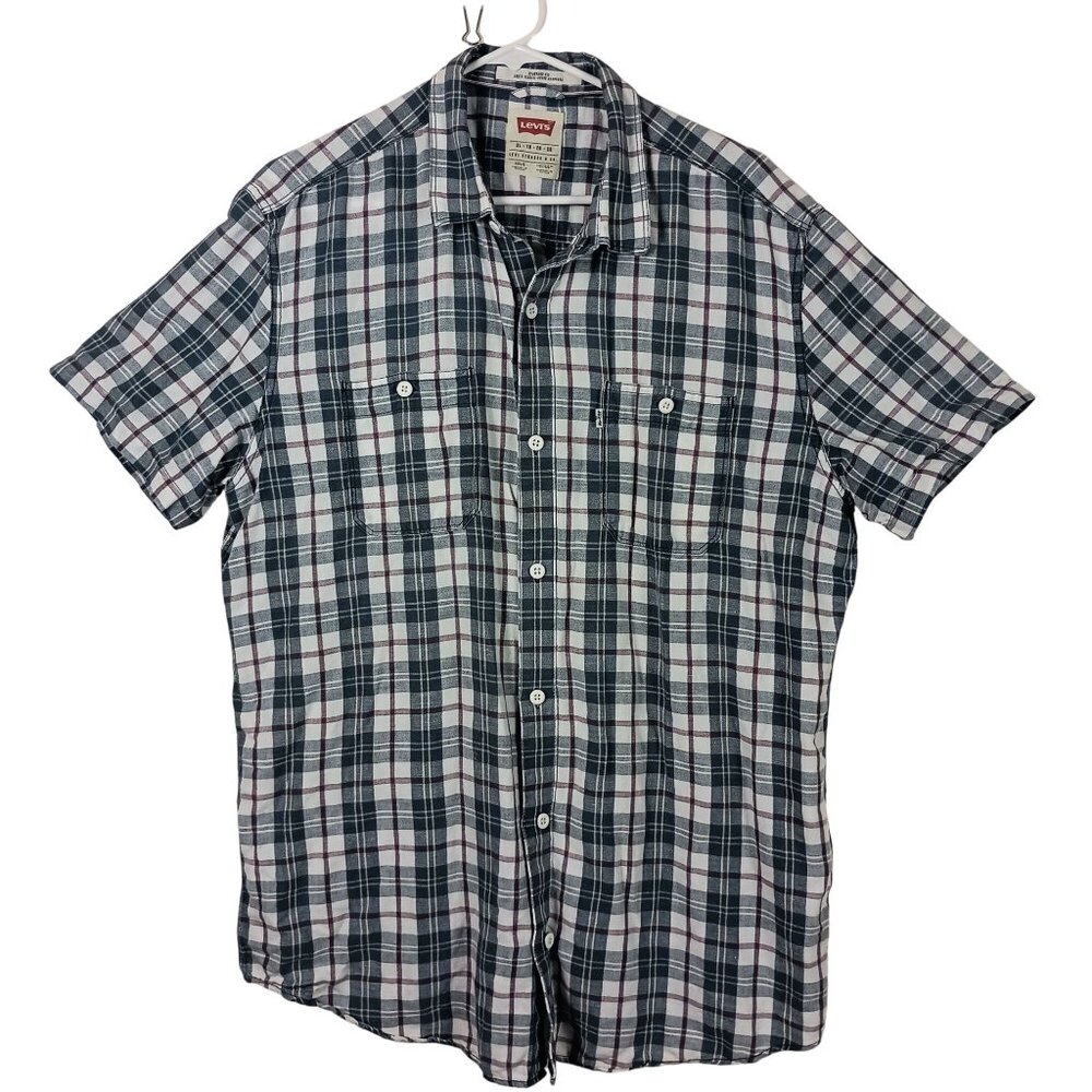 Levis Mens Short Sleeve Plaid Shirt Standard Fit XL Linen Cotton Summer Casual